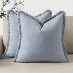 Woaboy Decorative Linen Fringe Throw Pillow Covers Boho Farmhouse Soft Cushion Covers Accent Pillowcases with Tassels for Living Room Couch Sofa Bed Chair,18x18 Inch Set of 2,Coastal Blue