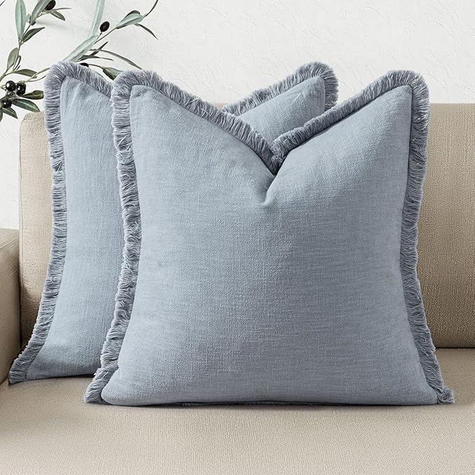 Woaboy Decorative Linen Fringe Throw Pillow Covers Boho Farmhouse Soft Cushion Covers Accent Pillowcases with Tassels for Living Room Couch Sofa Bed Chair,20x20 Inch Set of 2, Coastal Blue