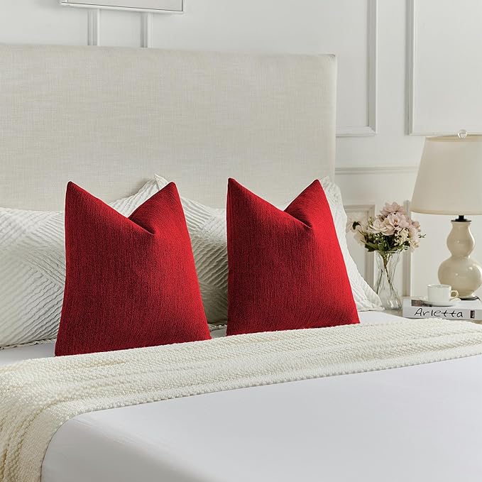 FUTEI Red Chenille Decorative Throw Pillow Covers 20x20 Inch Set of 2,Soft Cozy Faux Linen Textured Cushion Case,Farmhouse Home Decor for Couch Living Room