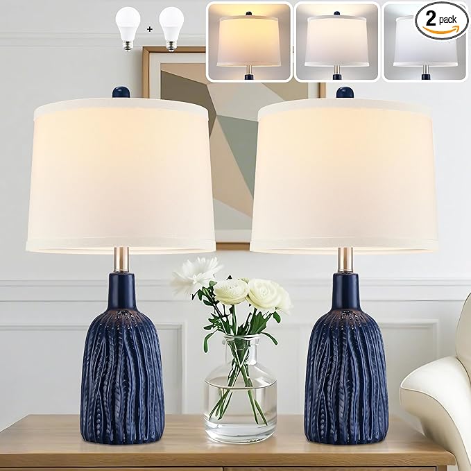GRUENLICH Ceramic Table Lamp Set of 2 for Nightstand, 22.5" Modern Blue Bedside Lamp with 3 Adjustable Color Temperature, Bedroom Light for Living Room Desk End Table Office (2 LED Bulbs Included)
