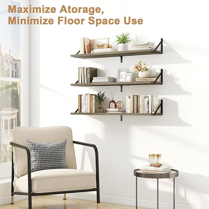 Fun Memories Floating Shelves for Wall, 36 Inches Long Set of 3 Wall Shelves for Bedroom, Floating Bookshelves with Metal Brackets for Living Room, Kitchen, Bedroom and Laundry Room (Grey)