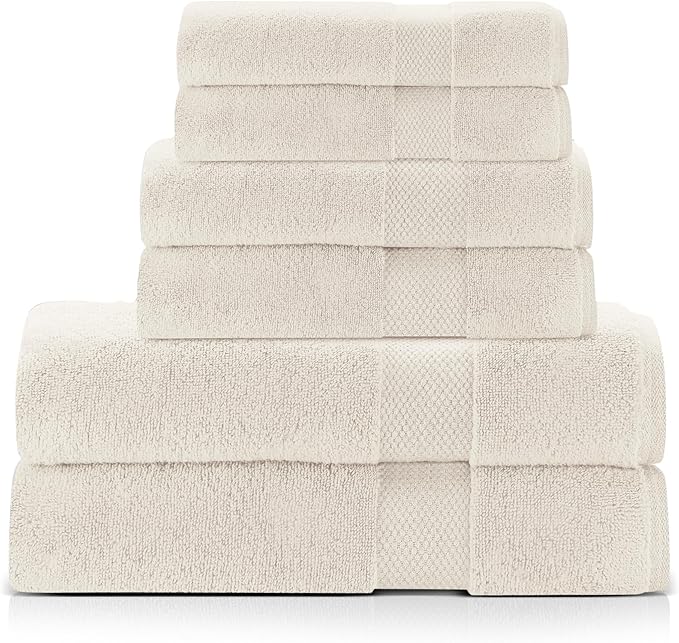 Premium Staple Cotton Bathroom Towel Set - Beige 600 GSM 6-Piece Luxury Bath Towel Set 1 Stripe - 2 Bath Towels, 2 Hand Towels & 2 Washclothes Set - High Absorbent & Quick Dry for Gym, Spa, Hotel