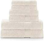 Premium Staple Cotton Bathroom Towel Set - Beige 600 GSM 6-Piece Luxury Bath Towel Set 1 Stripe - 2 Bath Towels, 2 Hand Towels & 2 Washclothes Set - High Absorbent & Quick Dry for Gym, Spa, Hotel