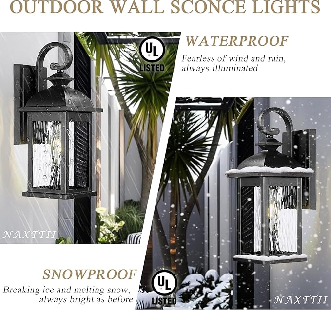 Outdoor Wall Lantern Waterproof Porch Sconces Wall Mounted Lighting Matte Black Exterior Wall Lights with Water Ripple Glass for House Garage Doorway 21 Inch Height E26 Socket