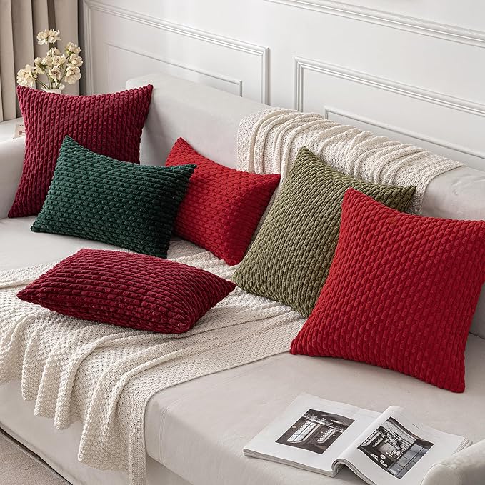 MIULEE Christmas Wine Red Throw Pillow Covers Soft Corduroy Decorative Set of 2 Boho Striped Pillow Covers Pillowcases Farmhouse Home Decor for Couch Bed Sofa Living Room 16x16 Inch
