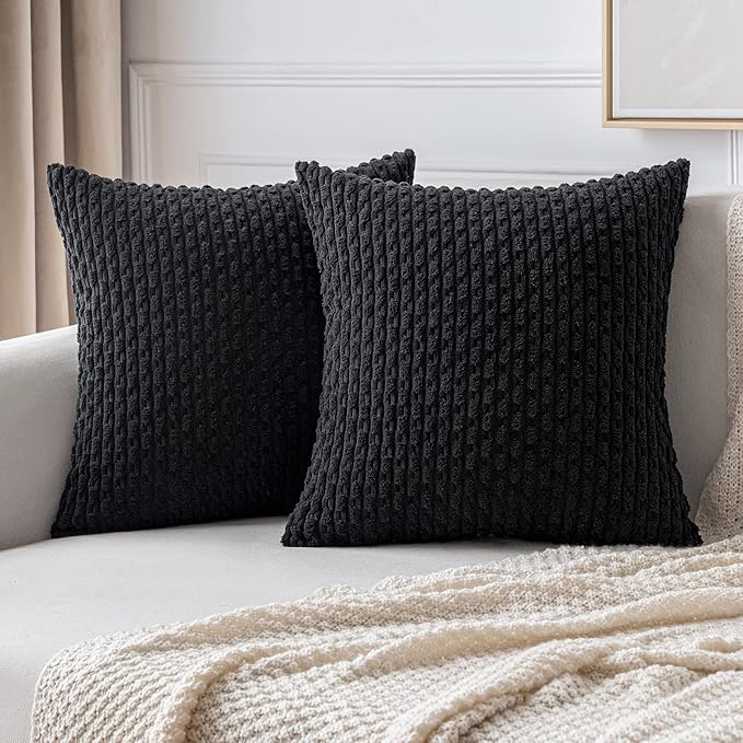 MIULEE Pack of 2 Decorative Throw Pillow Covers 20x20 Inch Soft Boho Striped Textured Corduroy Pillow Covers Modern Farmhouse Home Decor for Couch Bed Sofa Living Room Black