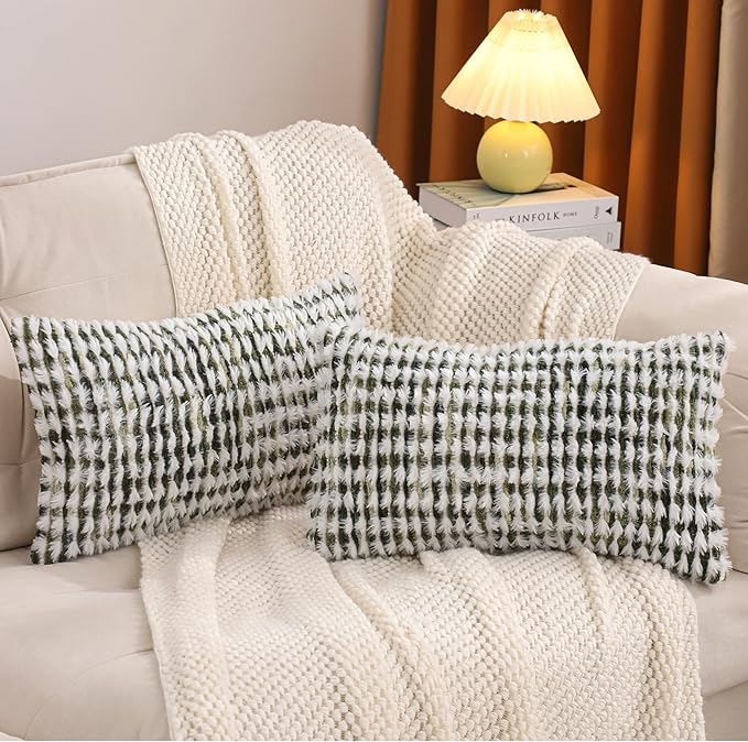 LUOYEHK Boho Throw Pillow Covers 12x20 Inch Set of 2 Farmhouse Neutral Lumbar Pillow Covers Chenille Tufted Pillowcase for Couch Sofa Bed Living Room, Green White