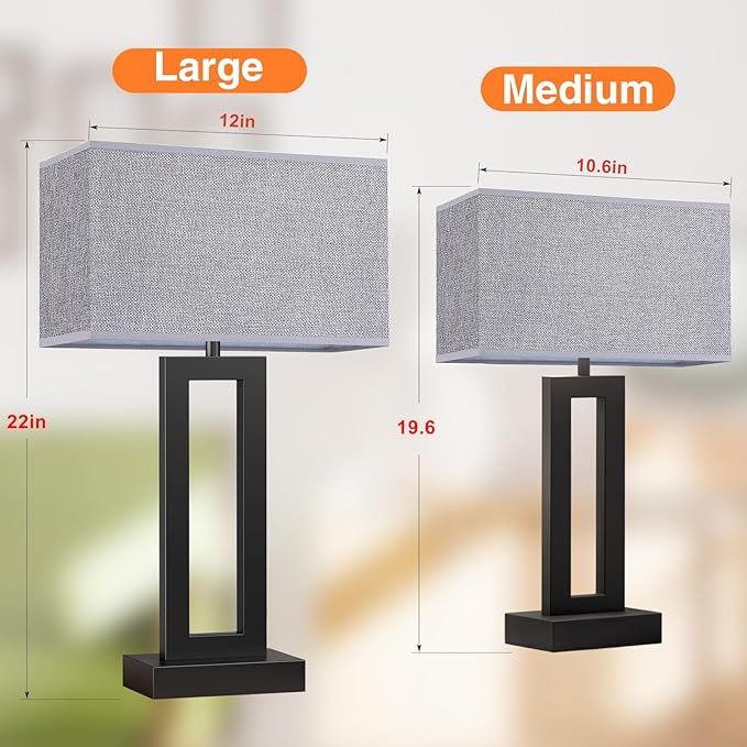 22" Tall Modern Living Room Lamps - Touch Bedside Lamps with USB C+A, 3 Way Dimmable for End Tables - Set of 2 (Grey & Black)