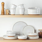 AmorArc 24 Pieces Ceramic Dinnerware Sets for 8, Handpainted Stoneware Plates and Bowls Set with Rustic Terracotta Underside, Scratch Resistant Dishes Set, Dishwasher & Microwave Safe, White