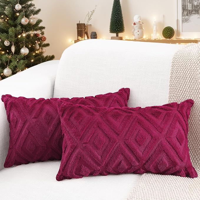 Pallene Christmas Burgundy Throw Pillow Covers 12x20 Set of 2, Soft Plush Faux Fur Decorative Lumbar Couch Pillow Covers for Sofa Bed Living Room Pillow Cases with 3D Diamond Pattern