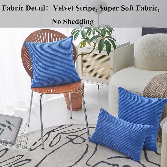 Home Brilliant Lumbar Pillow Covers 12x20 Dark Blue Plush Velvet Corduroy Striped Throw Pillow Covers for Couch Bed Living Room, 12 x 20 inch, Blue