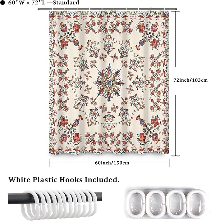 Boho Shower Curtain Floral Pattern Fabric Curtain for Bathroom Plant Theme Religion Floral Shower Curtain Sets Waterproof Decor 60x72Inch
