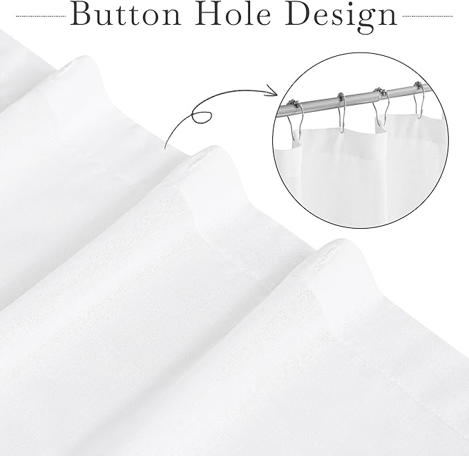 KGORGE White Linen Shower Curtain - Semi Sheer Lightweight Button Hole Half Privacy Quick Dry Shower Curtains for Bathroom Bathtub Decor, White, 72 x 78 inches Long, Hooks Included