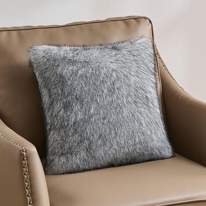 FUTEI Grey Decorative Throw Pillow Covers 18x18 Inch Set of 2,Soft Faux Raccoon Fur Textured Cushion Case,Modern Home Luxurious Decor for Couch Bed Living Room