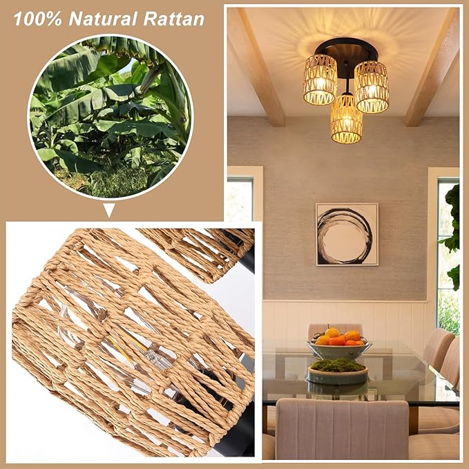 Boho Rattan Ceiling Light Fixture, Mini Rattan Chandelier Lighting Fixture, Hand Woven Ceiling Light Fixtures for Hallway Bedroom Kitchen Entryway Living Room (Brown)