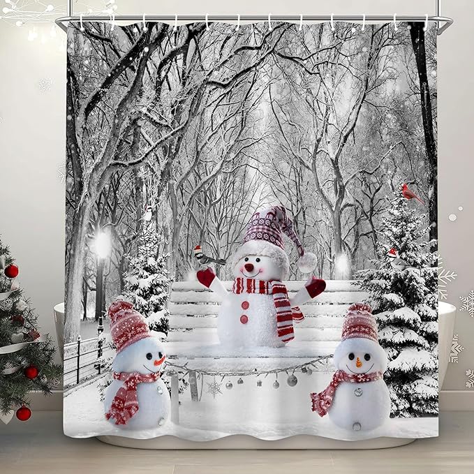 Winter Christmas Shower Curtain Set, Cute Snowman Cardinals Xmas Pine Tree Winter Snow Forest Scene Shower Curtain for Bathroom Decor, Farmhouse Holiday Gray Fabric Bath Accessory with Hooks, 72"x72"