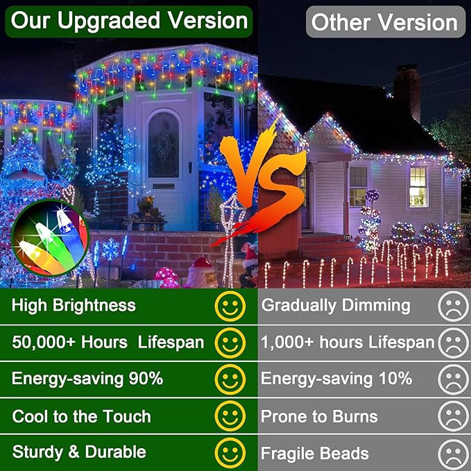 66FT 670 LED Christmas Lights 148 Ice Drops, 12 Modes and Timer Memory Dimmable, Outdoor Waterproof Hanging String Light for Xmas Holiday Wedding Garden Fence House Tree Outside Decor (Multicolor)