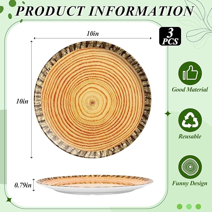 3Pcs Wood Grain Serving Tray Round Melamine Platter 10 Inch Dessert Plates for Camp-Fire Party Camping Woodland Animal Baby Shower Birthday Party Supplies