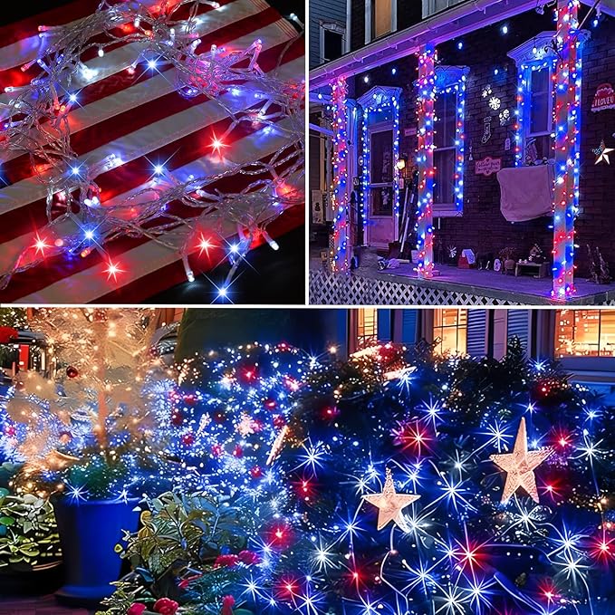 ILLUMINEW 4th of July Decorations 300 LED Red White and Blue String Lights Plug-in, 8 Modes 108ft Independence Day Fairy Lights for Patriotic Party Decor Indoor Outdoor