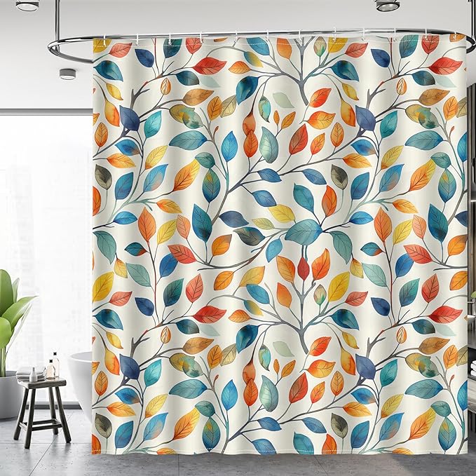 Aimego Spring Colorful Shower Curtain -Summer Nature Botanical Watercolor Plant Leaves Floral Fabric Cloth Bath Shower Curtain Set with 12 Hooks for Bathroom Decor Accessories, 72"x72"