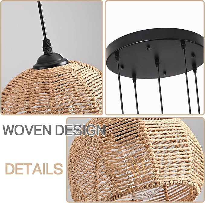 5-Light Woven Foyer Chandeliers for High Ceiling,5 Dome Boho Rattan Pendant Light Farmhouse Wicker Ceiling Light,rustic Hemp rope Light Fixture For Living Room Hallway Staircase Entryway(Bulb Incl.