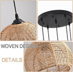 5-Light Woven Foyer Chandeliers for High Ceiling,5 Dome Boho Rattan Pendant Light Farmhouse Wicker Ceiling Light,rustic Hemp rope Light Fixture For Living Room Hallway Staircase Entryway(Bulb Incl.