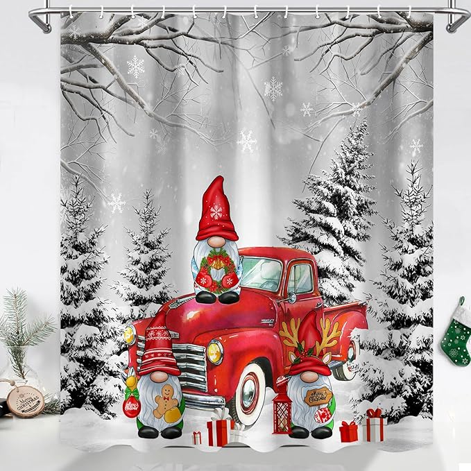 Farmhouse Christmas Shower Curtain, Farm Red Xmas Truck Christmas Tree Cute Gnome Winter Forest Shower Curtains Set, Holiday Bathroom Decor Fabric Machine Washable with Hooks, 72 x 72 Inches