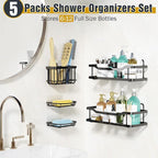 OMAIRA 5-Pack Shower Caddy with Soap Holder, Adhesive Rustproof No-drill Strudy Loading Inside Shower Organizer Shelves Rack Storage Bathroom Organization for Smooth Wall Glass Tile, Black (X-Large)