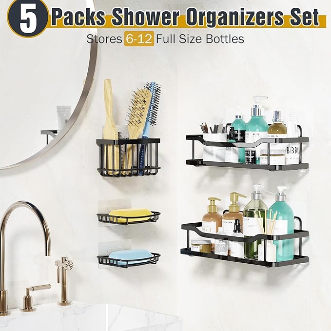 OMAIRA 5-Pack Shower Caddy with Soap Holder, Adhesive Rustproof No-drill Strudy Loading Inside Shower Organizer Shelves Rack Storage Bathroom Organization for Smooth Wall Glass Tile, Black (X-Large)