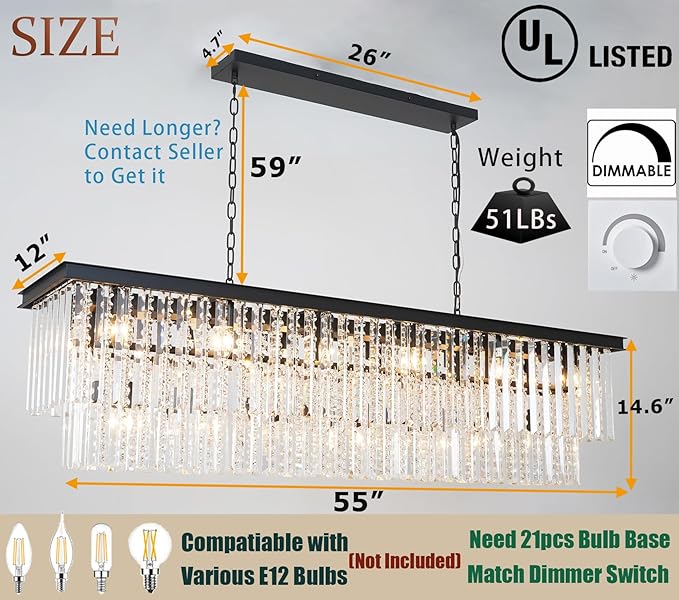 Modern Rectangular Crystal Chandelier, Farmhouse 21 Light Rectangle Chandeliers Hanging Ceiling Light Fixtures for Dining Room Kitchen Island, Living Room, Bedroom