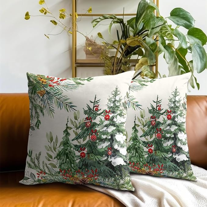 Christmas Throw Pillow Covers 16x16 Set of 2, Winter Xmas Pine Branches Red Berry Bells Decorative Pillow Cases Farmhouse Cotton Square Cushion Cover for Couch Sofa Bed