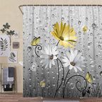 Rustic Farmhouse Yellow Floral Shower Curtain, Farm Daisy Flowers and Butterfly Shower Curtain for Bathroom, Country Yellow Gray Fabric Boho Shower Curtain Set with 12PCS Hooks, 47X64IN