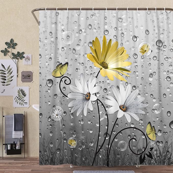 Rustic Farmhouse Yellow Floral Shower Curtain, Farm Daisy Flowers and Butterfly Shower Curtain for Bathroom, Country Yellow Gray Fabric Boho Shower Curtain Set with 12PCS Hooks, 70X70IN