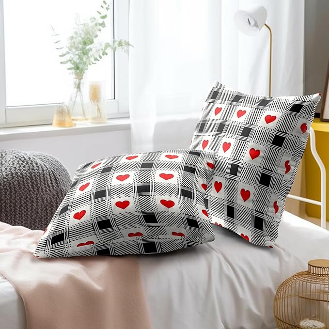 Love Hearts Throw Pillow Covers 18x18 Inch – Pack of 2 Black and White Checkered Plaid Romantic Cotton Hidden Zipper Pillowcases for Couch Sofa Chair Bed Porch Farmhouse Home Decor