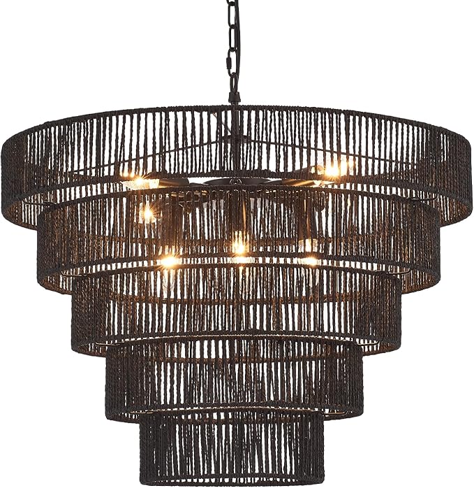 25.6" Large Black Rattan Chandelier Farmhouse 8-Lights Boho Hand Woven Bamboo Black Chandeliers Light Fixture Rustic Drum Wicker Chandelier for Dining Room, Kitchen, Living Room, Bedroom, E12