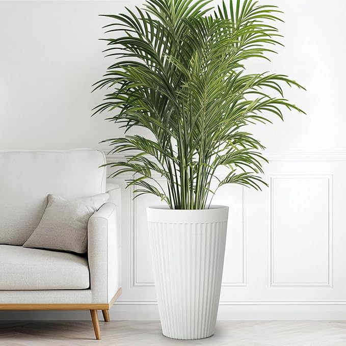 20" Resin Tall Planters for Outdoor Plants,Set of 2 Matt White Large Flower Pots with Handmade Fluted Texture,Heavy-Duty and Resistant for Year Round Indoor, Ideal for Christams Decoratione