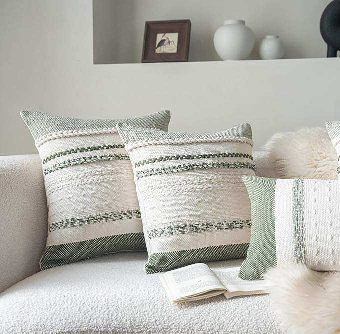 Boho Throw Pillow Covers 18x18 Inch Set of 2, Green Textured Decorative Couch Pillow Cases for Farmhouse Home Decor, Accent Cushion Cover for Sofa, Bed, Living Room, Bedroom