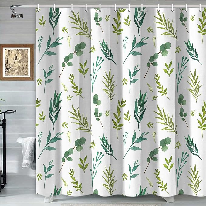 Green Leaves Shower Curtain, Watercolor Plant Floral Eucalyptus Leaf Bathroom Shower Curtain Sets, Botanical Decor Rustic Nature Art Boho Fabric Bath Curtain with Hooks 72x72 Inch