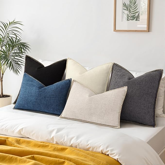 decorUhome Decorative Outdoor Throw Pillow Covers 16x16 Set of 2, Square Linen Farmhouse Euro Pillow Covers with Stitched Edge, Rustic Neutral Pillow Covers for Couch, Sofa, Living Room, Dark Grey