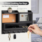 Key Holder for Wall with Mail Organizer,Farmhouse Mail and Key Holder for Wall,Key Hanger with ‌Metal 11 Hooks,Corkboard,and Shelf,Decorative Natural Pine Wood Entryway Organizer,14.6*11.1*3.3”,Black
