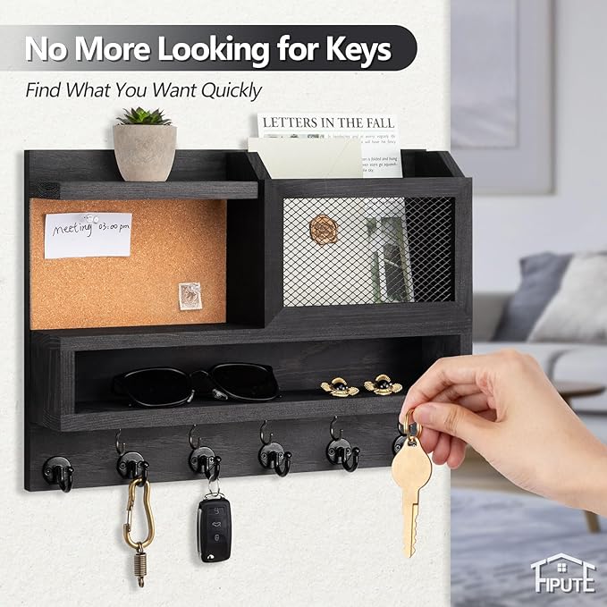 Key Holder for Wall with Mail Organizer,Farmhouse Mail and Key Holder for Wall,Key Hanger with ‌Metal 11 Hooks,Corkboard,and Shelf,Decorative Natural Pine Wood Entryway Organizer,14.6*11.1*3.3”,Black