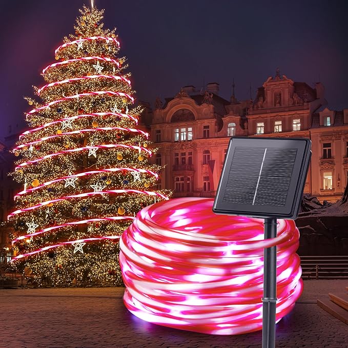 Brightown Outdoor ‎Solar Christmas Lights, 39FT 200LED Solar Rope Light Waterproof Outdoor Christmas Decorations for Party Garden Yard Home Xmas Halloween Holiday Tree Decoration Light, Candy Color