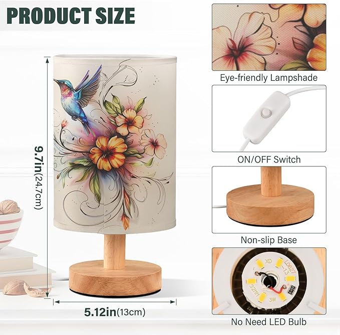 Table Lamp Hummingbird Floral Flower Nightstand Lamp with Wood Base Fabric Lamp Shade Bedside Desk Lamp for Living Room Bedroom Kids Room Office