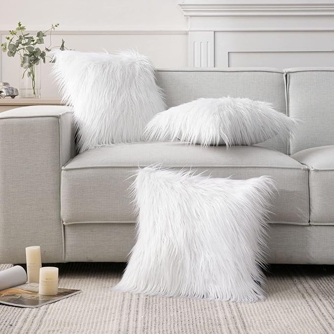 Phantoscope Pack of 2 Faux Fur Solid Throw Decorative Pillow Cover Cushion Covers Luxury Soft Decorative Pillowcase Fuzzy Pillow Covers for Bed/Couch,White 20 x 20 Inches