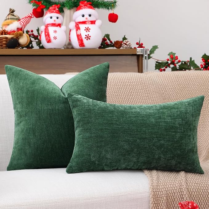 decorUhome Chenille Christmas Green Throw Pillow Covers 16x16 Inch Set of 2, Decorative Soft Couch Pillow Covers Solid Dyed Accent Velvet Farmhouse Neutral Square Pillow Cases for Sofa Bed Living Room