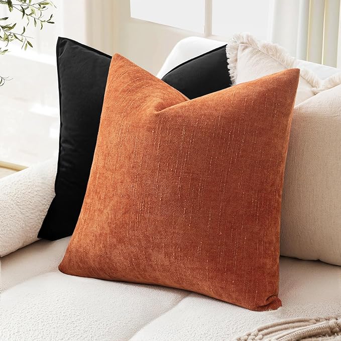 MIULEE Pack of 2 Fall Decorative Throw Pillow Covers Soft Chenille Throw Pillows Solid Textured Cushion Covers Home Decor for Couch Sofa Bedroom Living Room 18x18 Inch, Burnt Orange
