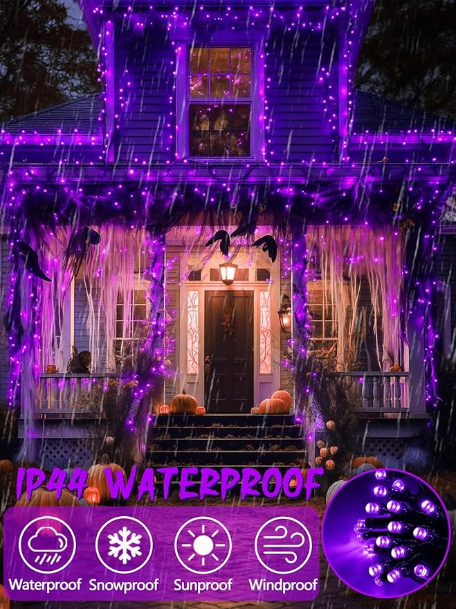 2-Pack 200 LED Extendable Halloween Lights, 66FT Purple Halloween Decorations String Lights Outdoor Indoor Tree Lights, 13 Modes Plug in Mini Fairy Lights Waterproof with Timer and Memory Function