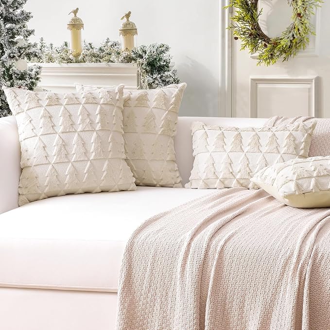 OTOSTAR Set of 2 Soft Plush Short Wool Velvet Decorative Throw Pillow Covers Square Luxury Style Cushion Case Pillow Shell for Sofa Bedroom Christmas Tree Cream Beige, 22x22 Inch