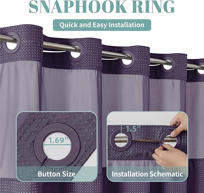 Purple No Hook Waffle Weave Shower Curtain with snap-in Liner Replacement, 230GSM Waterproof Fabric Hotel Shower Curtain Set for Bathroom, Through Mesh Top Window,71Wx74H
