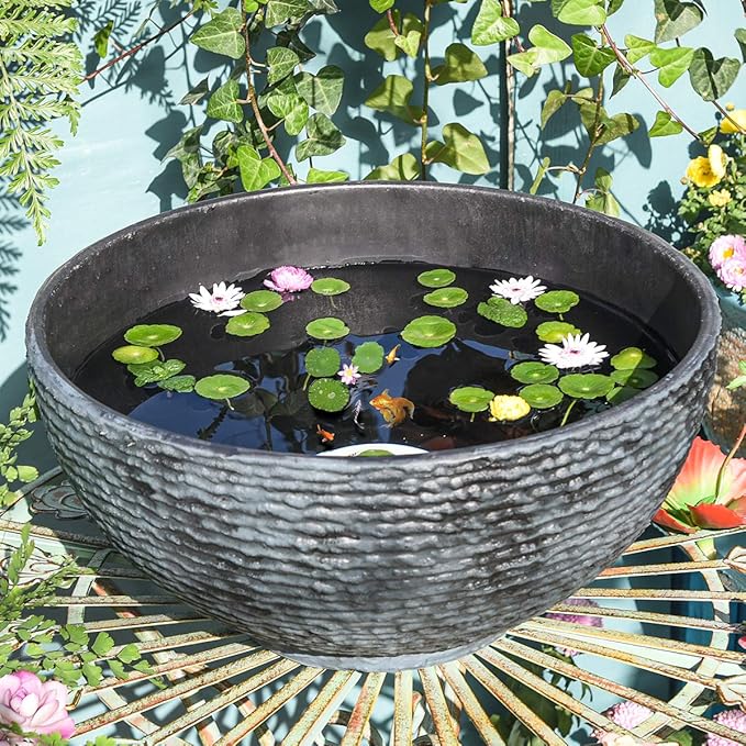 Sungmor Large Garden Bowl Planter Water Plant Pot, Miniature Landscaping Succulent Planter, 15.6 Inch Marble Texture Water Lily Pots, Small Fountain Base Mini Fish Pond Bird Bath